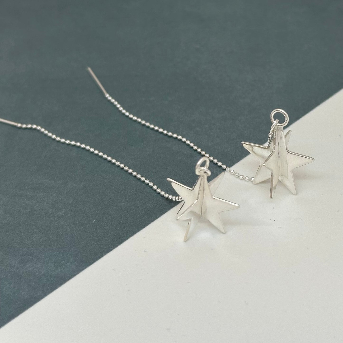 3D Star Threader Earrings, Sterling Silver