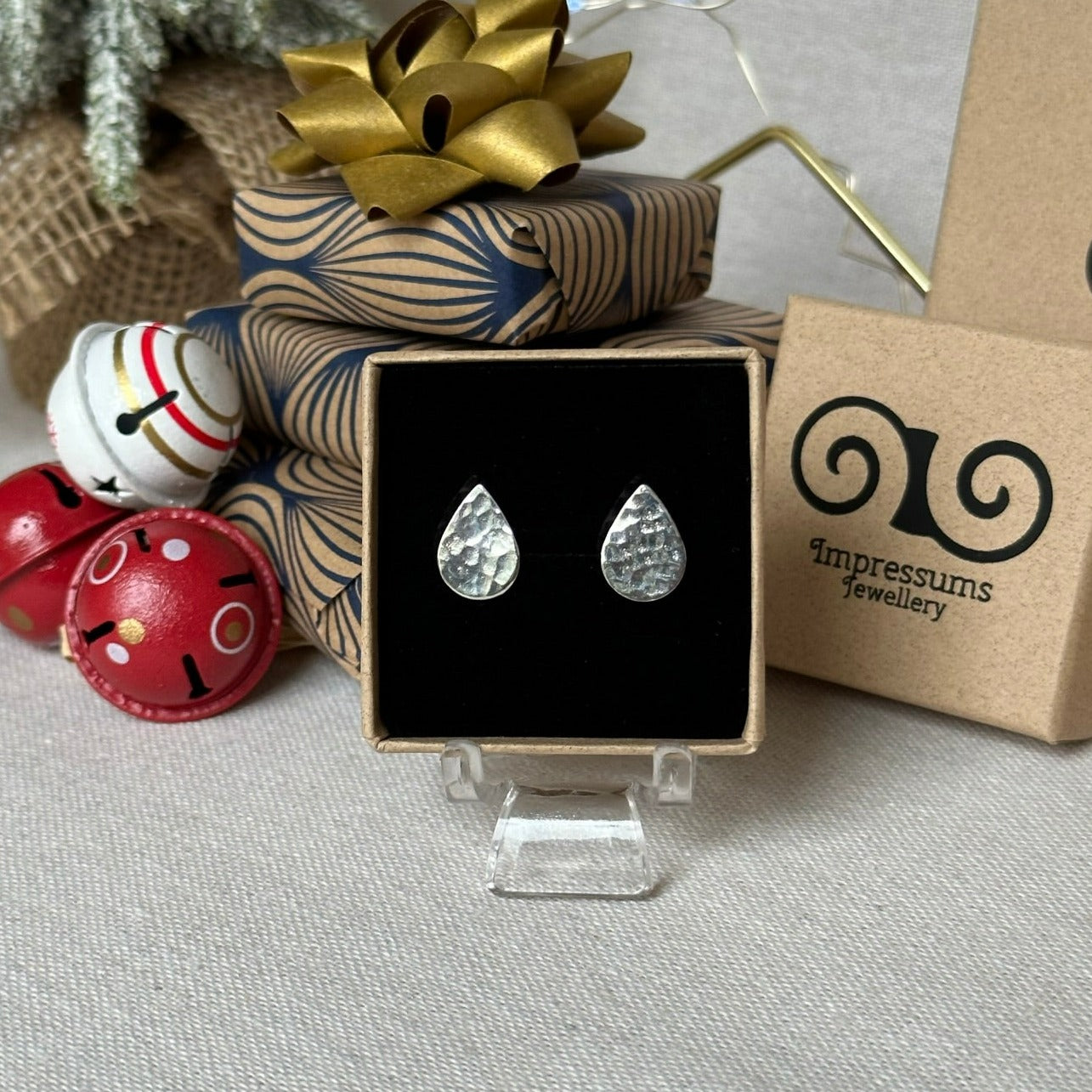 Solid Silver Teardrop Studs with Hammered Texture
