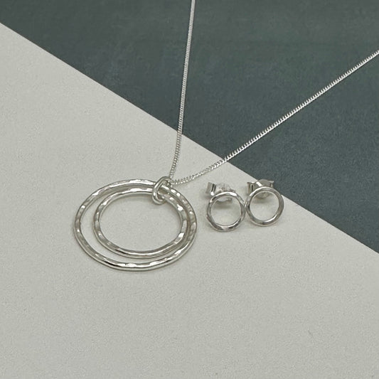 Recycled Sterling Silver Double Circle Gift Set | Hammered Pendant & Stud Earrings