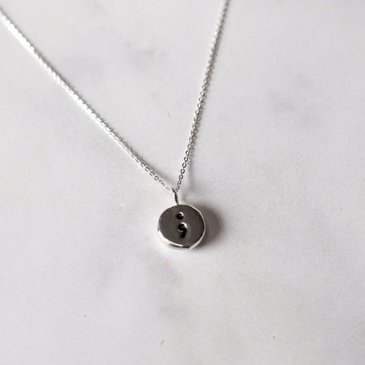 Sterling Silver Semi-Colon Pebble Necklace | Handmade Recycled Silver Pendant