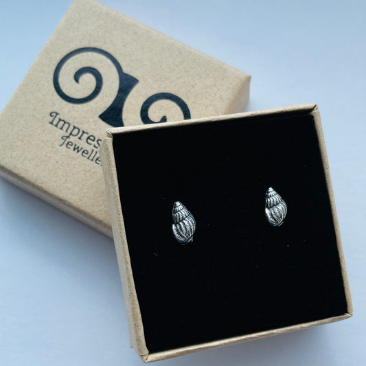 A sterling silver mini spiral shell stud earrings in an Impressums Jewellery branded gift box, ready for gifting.