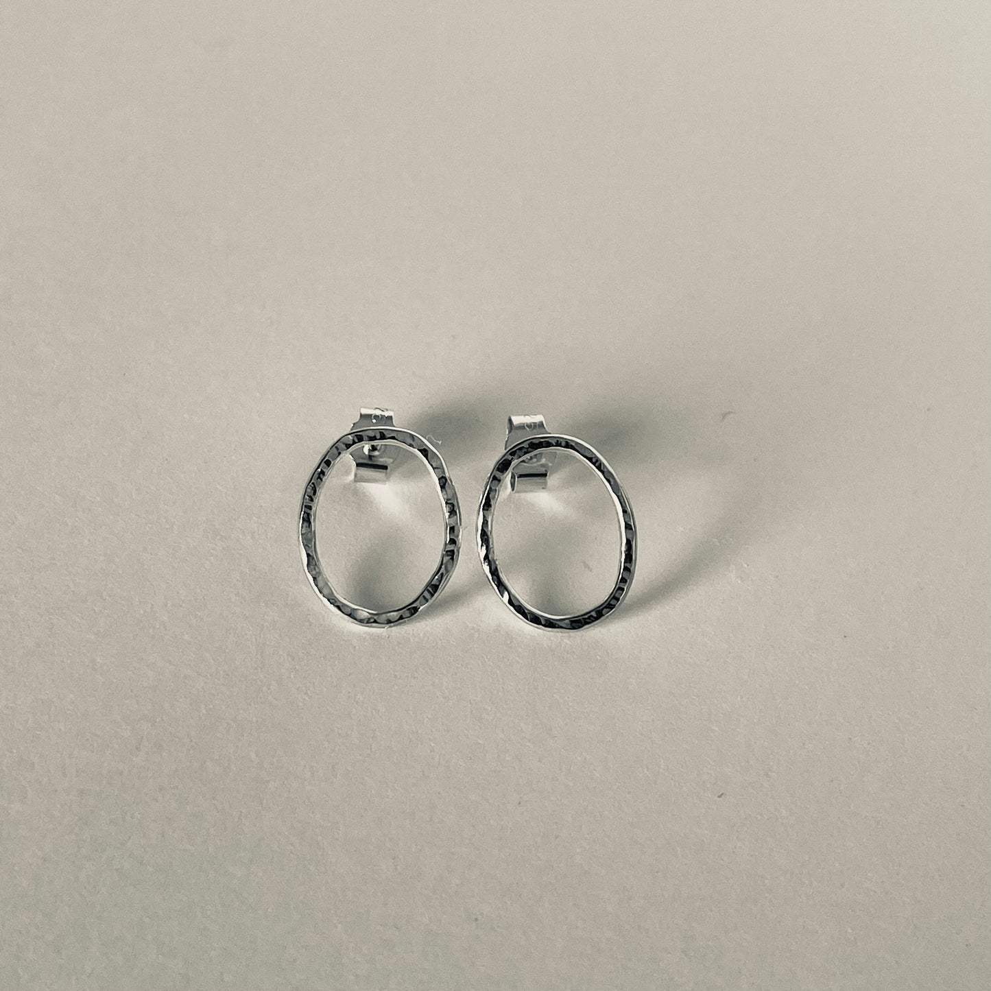 Silver Oval Stud Earrings with Hammered Texture, Sparkly Silver Studs