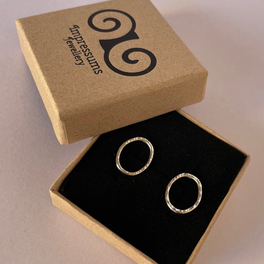 Silver Oval Stud Earrings with Hammered Texture, Sparkly Silver Studs