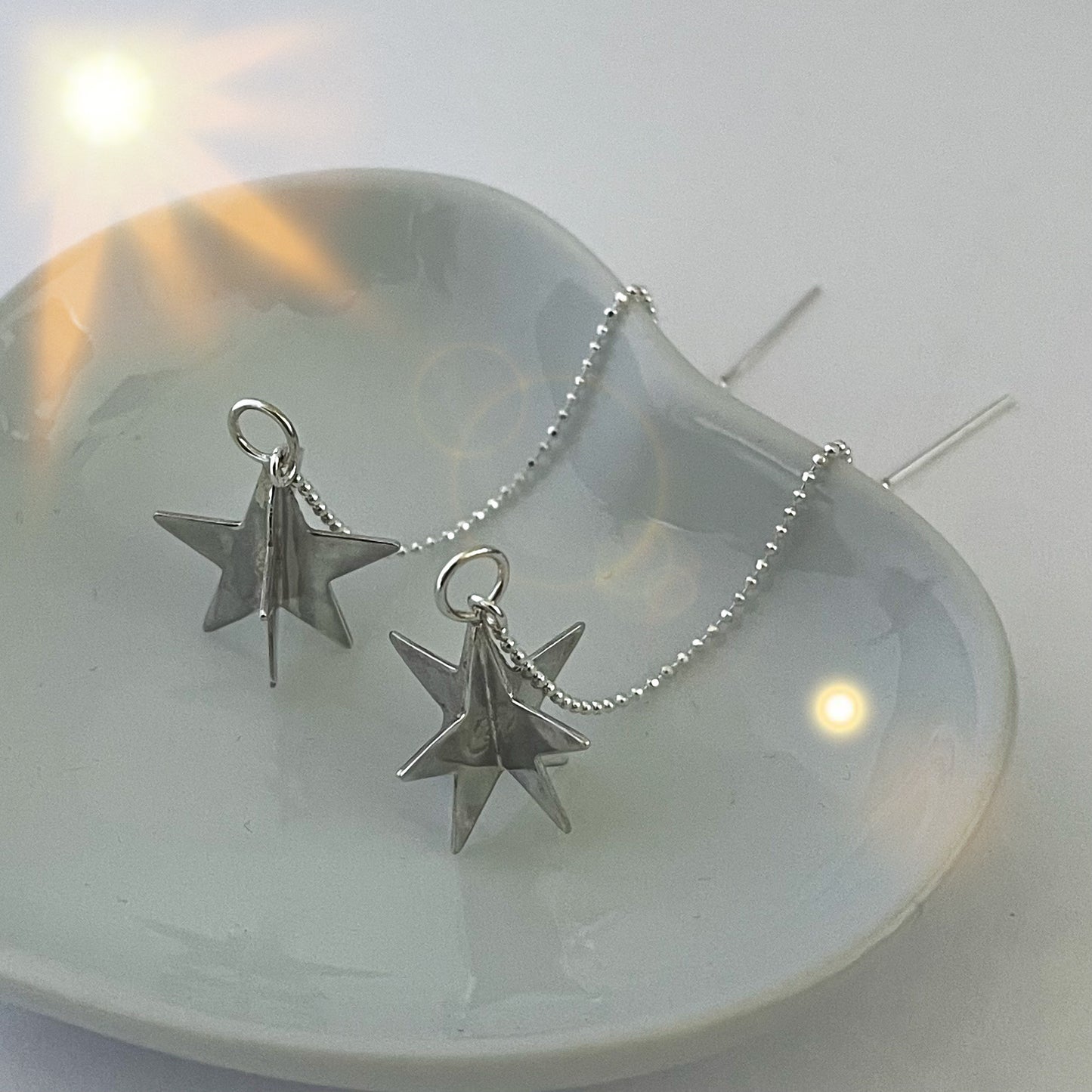 3D Star Threader Earrings, Sterling Silver