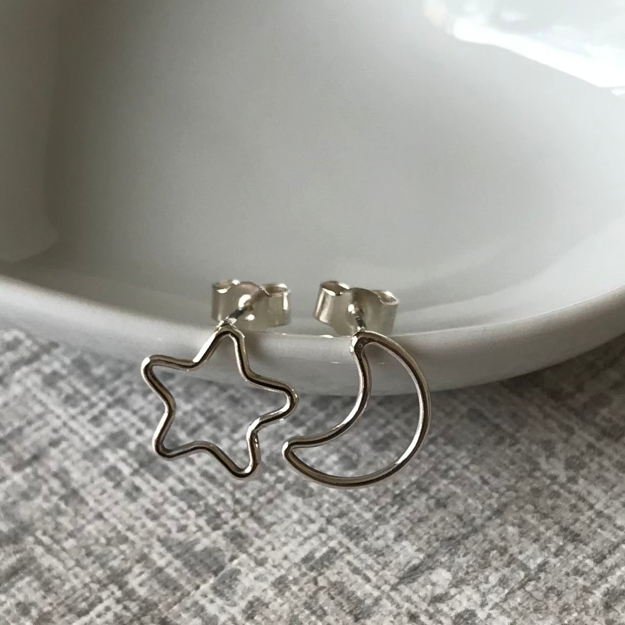 Silver Moon and Star Stud Earrings | Handmade Sterling Silver Celestial Earrings | Recycled Silver