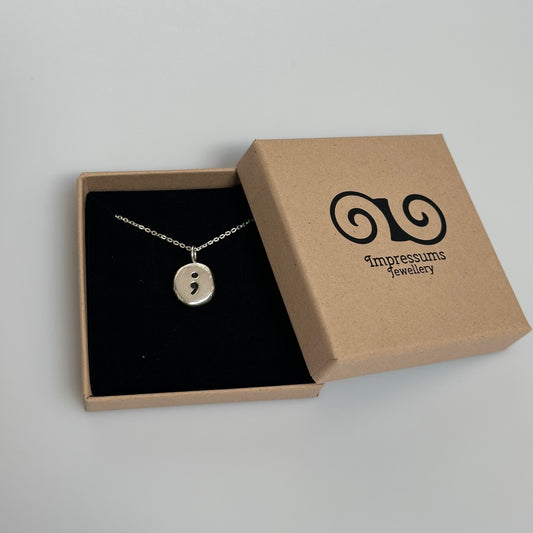 Sterling Silver Semi-Colon Pebble Necklace | Handmade Recycled Silver Pendant