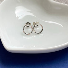 Load image into Gallery viewer, Entirely Handmade Silver Earrings, Sterling Silver Circle Stud with a Shiny Hammered Texture that catches the light.
