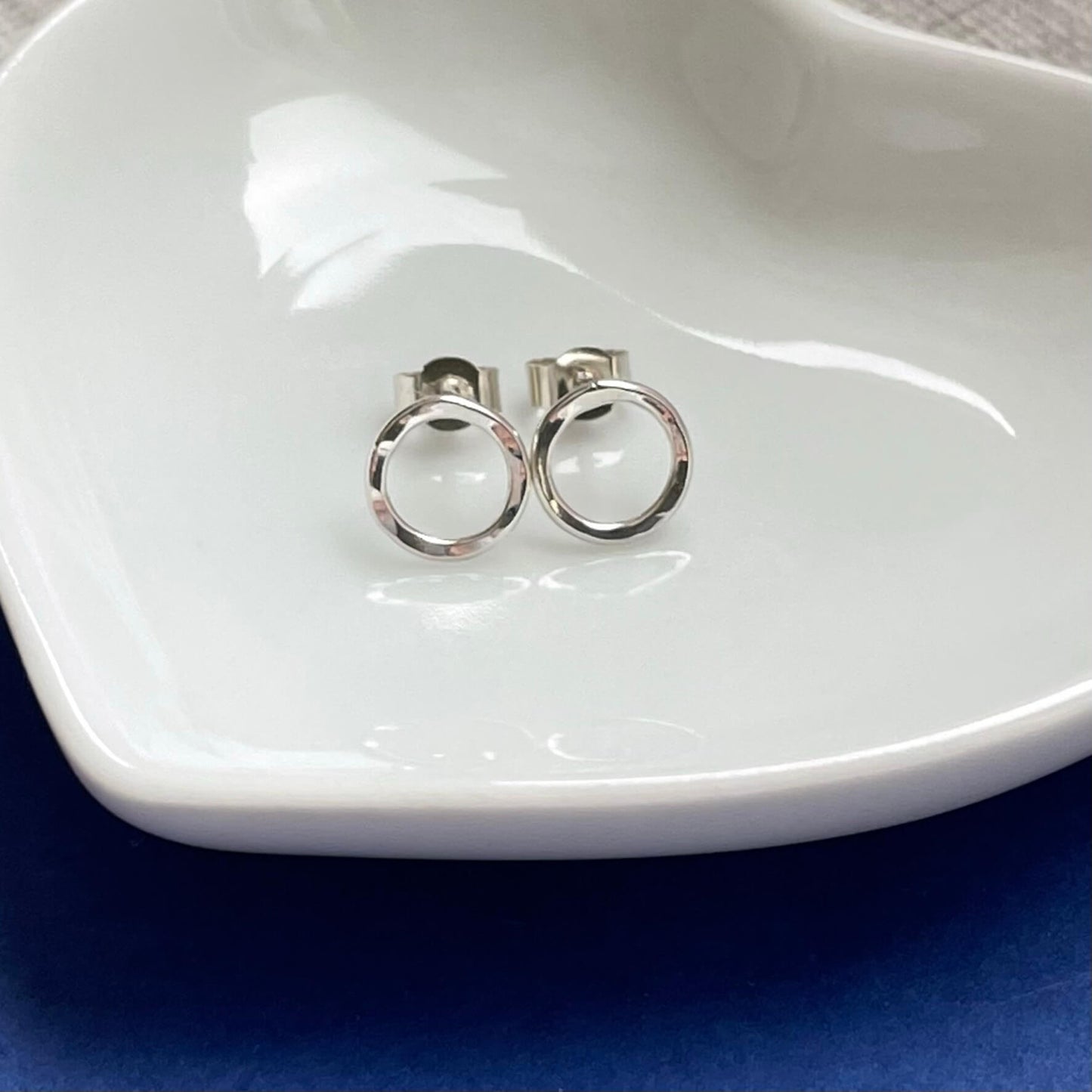 Entirely Handmade Silver Earrings, Sterling Silver Circle Stud with a Shiny Hammered Texture that catches the light.