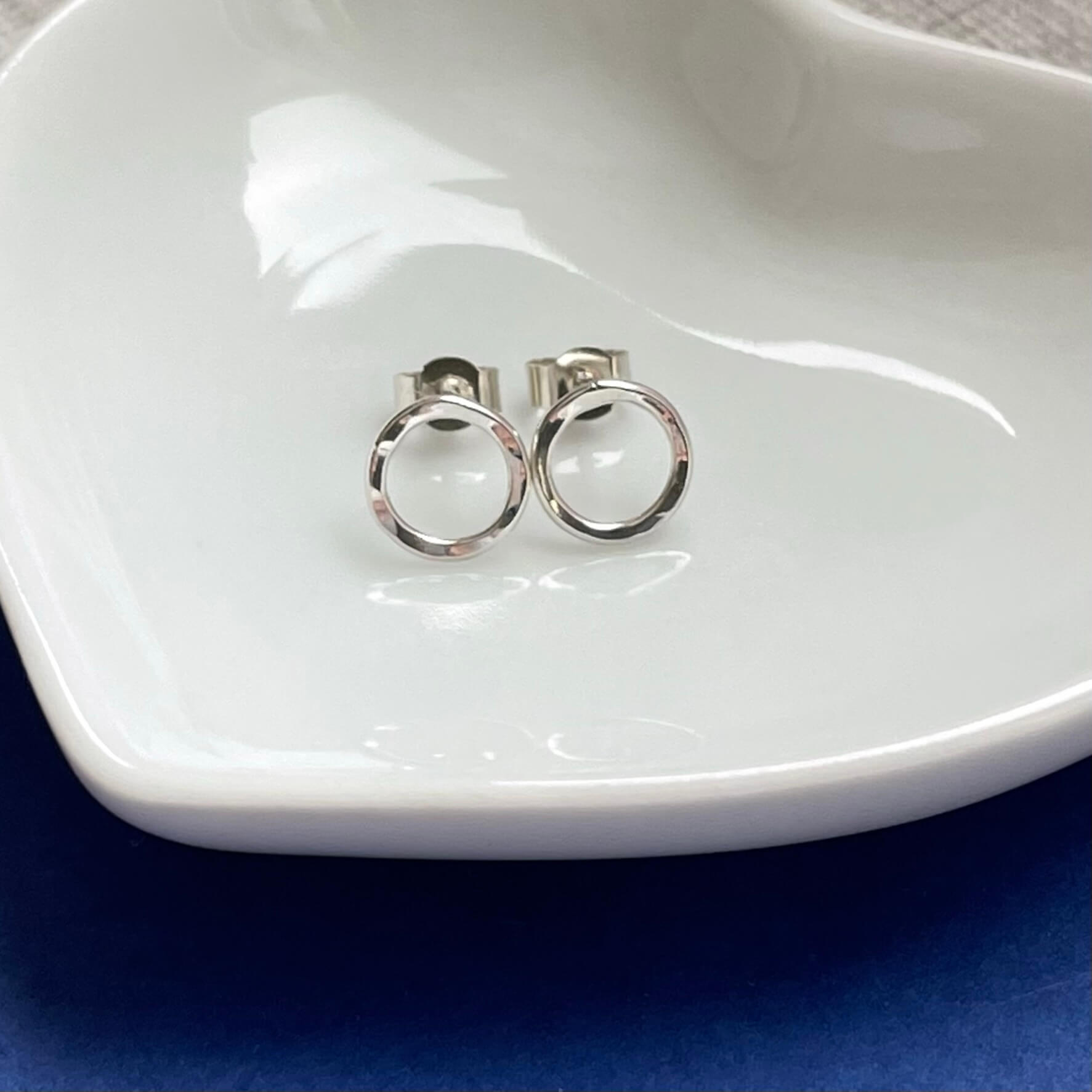 Entirely Handmade Silver Earrings, Sterling Silver Circle Stud with a Shiny Hammered Texture that catches the light.