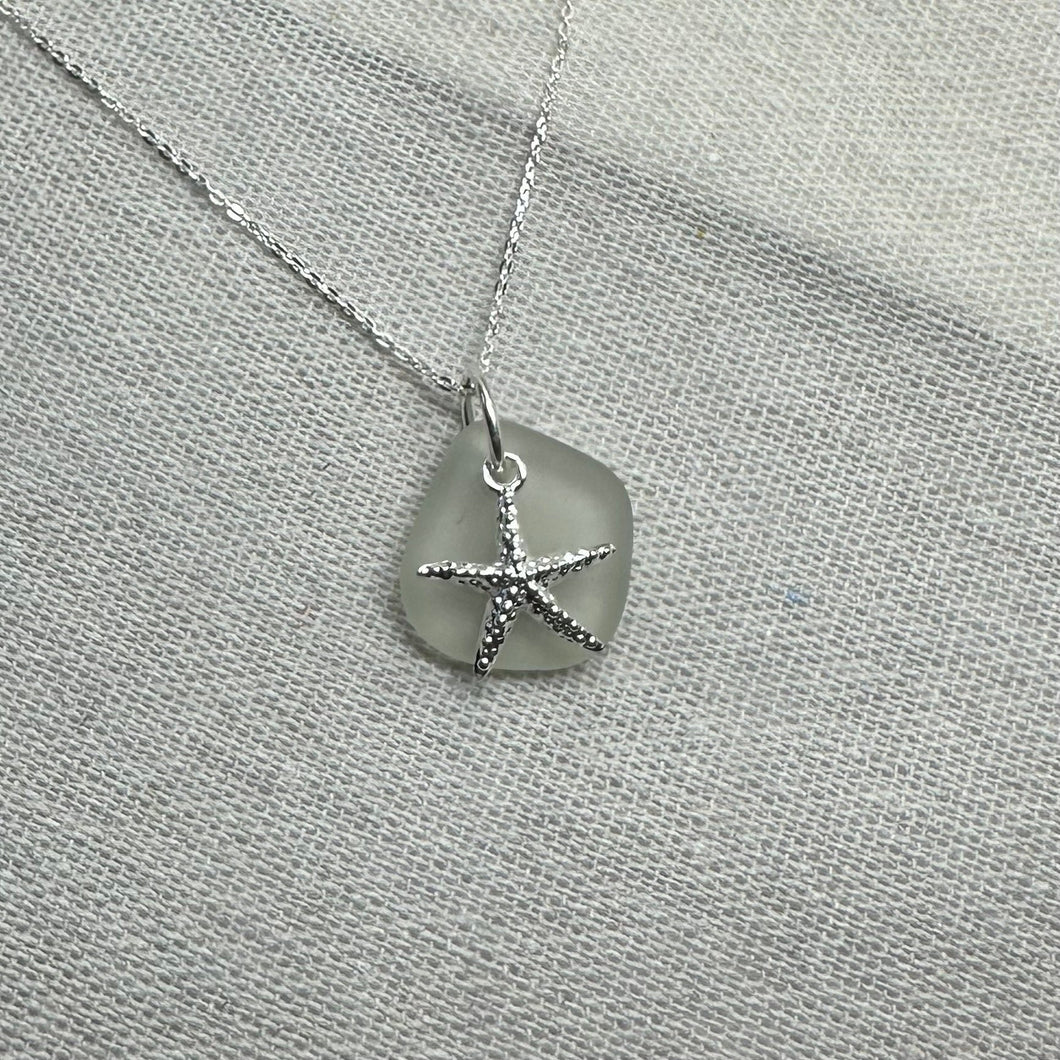 Frosted Clear Sea Glass & Silver Starfish Pendant, Seaglass Necklace, Sterling Silver Pendant and Chain