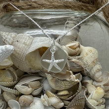 Load image into Gallery viewer, Frosted Clear Sea Glass &amp; Silver Starfish Pendant, Seaglass Necklace, Sterling Silver Pendant and Chain

