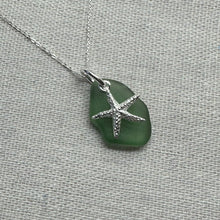 Load image into Gallery viewer, Green Sea Glass &amp; Silver Starfish Pendant, Seaglass Necklace, Sterling Silver Pendant and Chain
