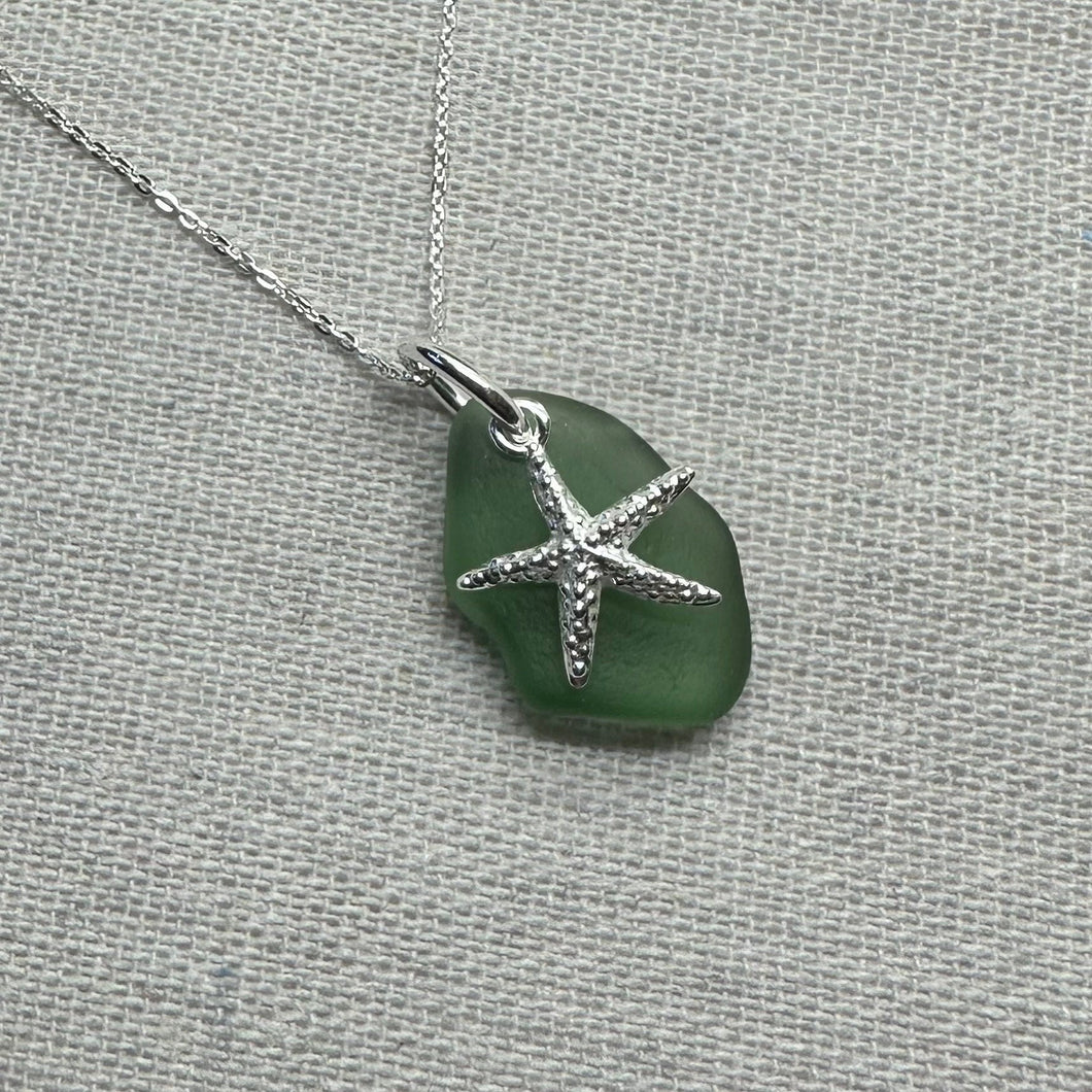 Green Sea Glass & Silver Starfish Pendant, Seaglass Necklace, Sterling Silver Pendant and Chain