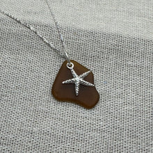 Load image into Gallery viewer, Brown Sea Glass &amp; Silver Starfish Pendant, Seaglass Necklace, Sterling Silver Pendant and Chain
