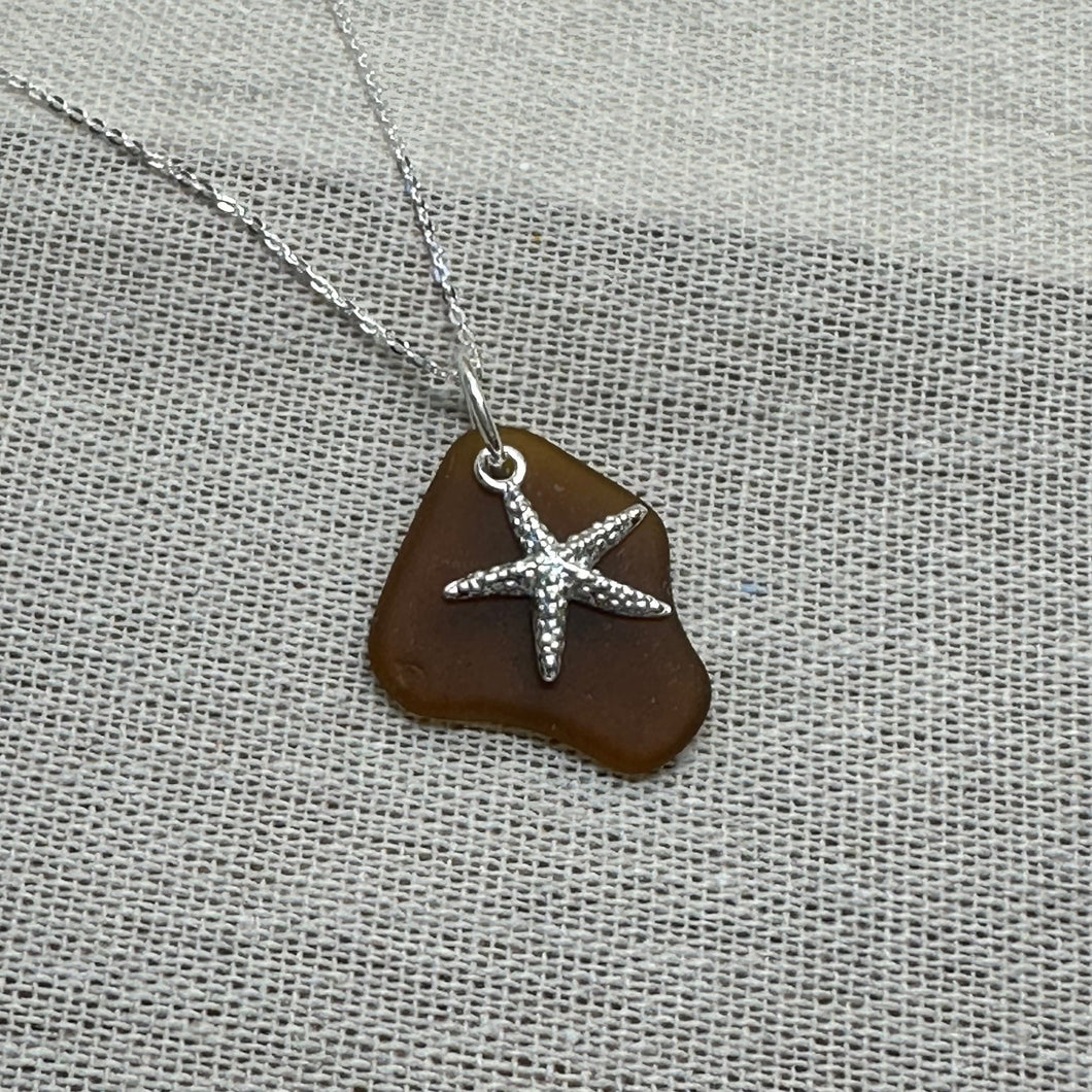 Brown Sea Glass & Silver Starfish Pendant, Seaglass Necklace, Sterling Silver Pendant and Chain