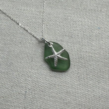 Load image into Gallery viewer, Green Sea Glass &amp; Silver Starfish Pendant, Seaglass Necklace, Sterling Silver Pendant and Chain
