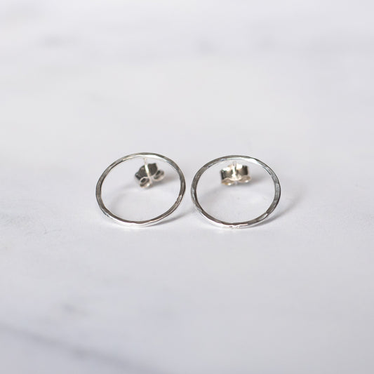 Large Hammered Silver Open Circle Stud Earrings