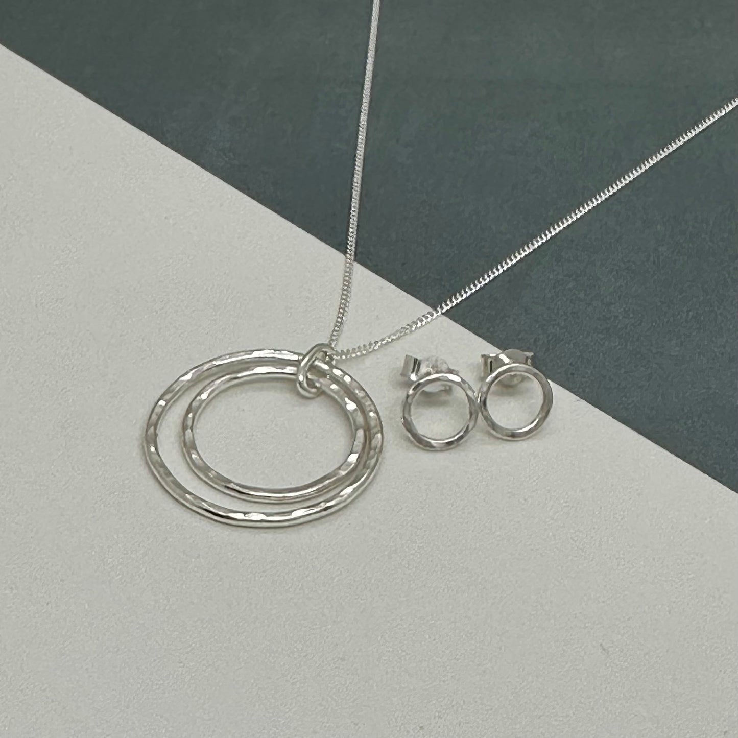 Recycled Sterling Silver Double Circle Gift Set | Hammered Pendant & Stud Earrings