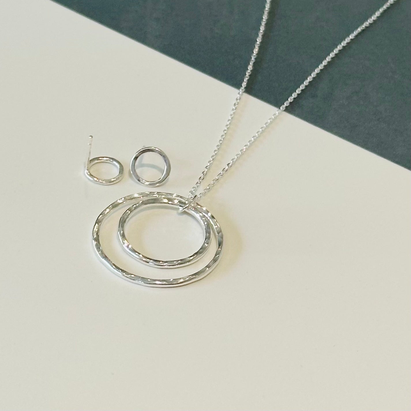 Recycled Sterling Silver Double Circle Gift Set | Hammered Pendant & Stud Earrings