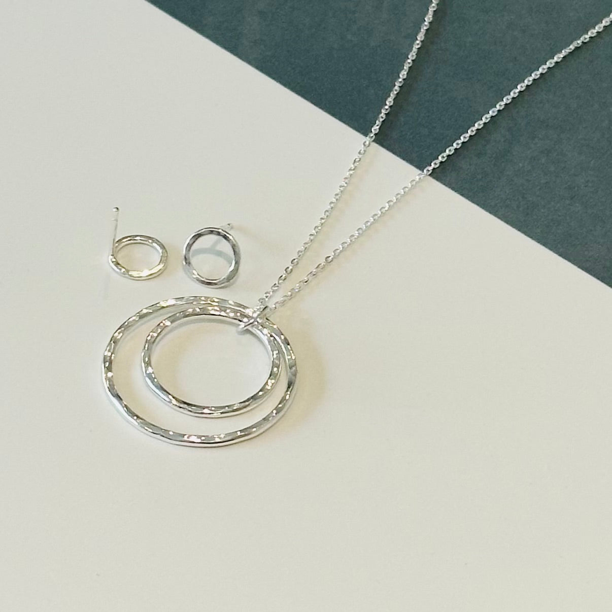 Recycled Sterling Silver Double Circle Gift Set | Hammered Pendant & Stud Earrings