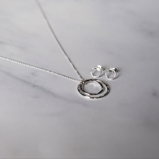 Recycled Sterling Silver Double Circle Gift Set | Hammered Pendant & Stud Earrings