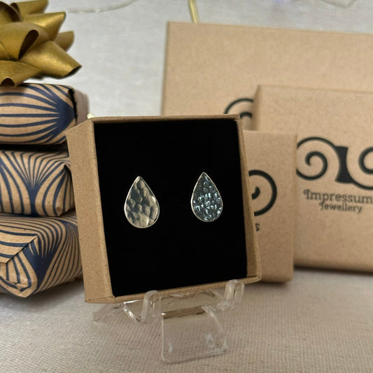 Solid Silver Teardrop Studs with Hammered Texture