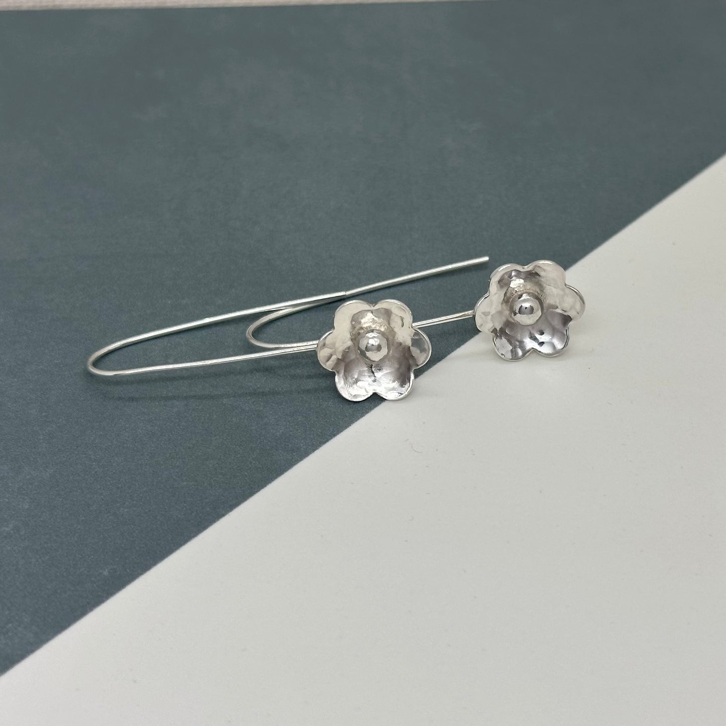 Sterling Silver Flower Threader Earrings – Handmade Floral Drop Earrings