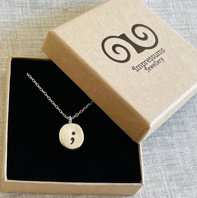 Sterling Silver Semi-Colon Pebble Necklace | Handmade Recycled Silver Pendant