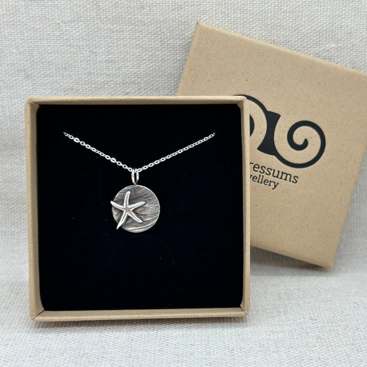 Sterling Silver Starfish Pendant | Textured Coin Necklace | Recycled Silver Jewellery
