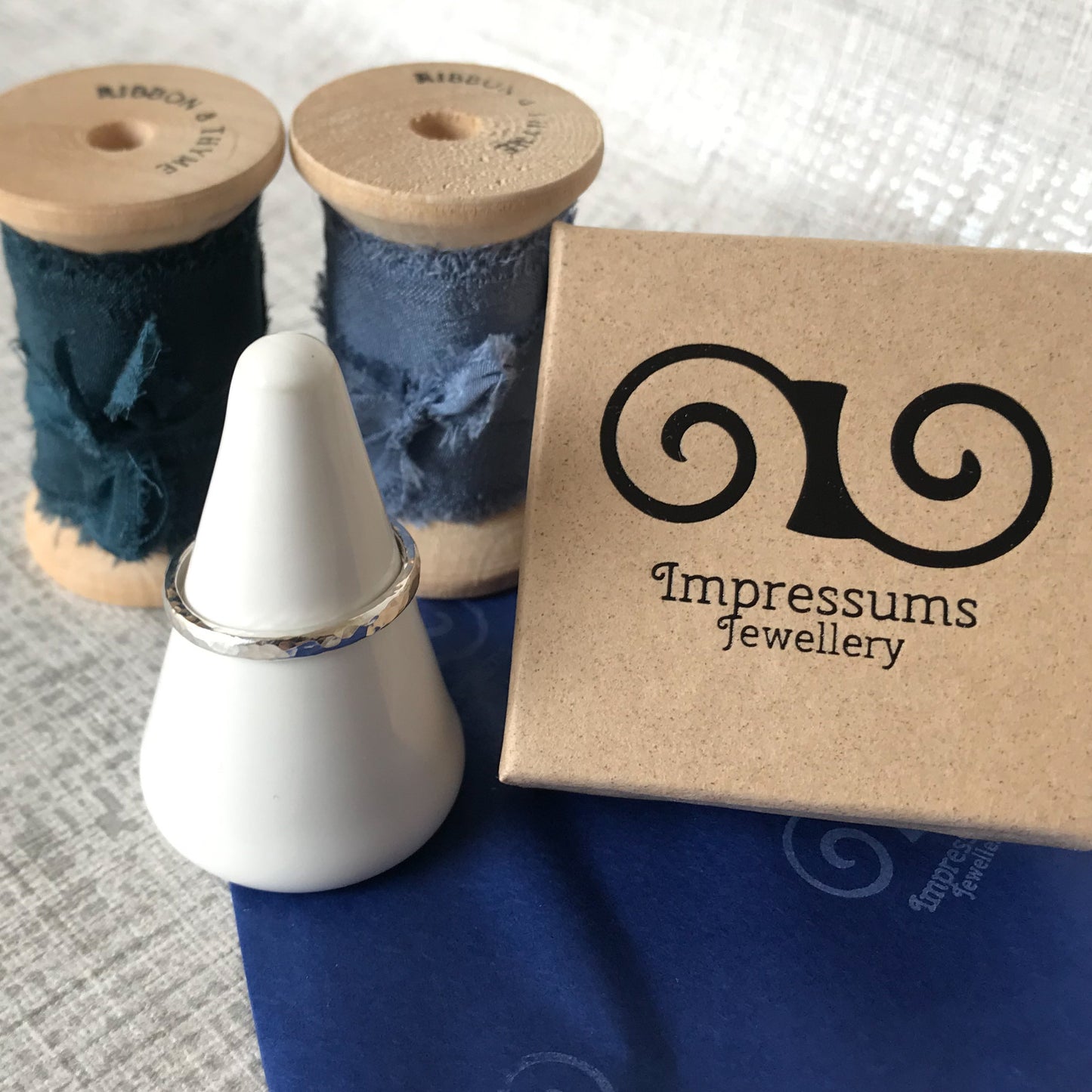 Hammered Texture D Shape Sterling Silver Ring Band