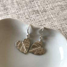 Load image into Gallery viewer, Fine Silver Heart Earrings with Leaf Vein Imprint
