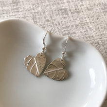 Load image into Gallery viewer, Fine Silver Heart Earrings with Leaf Vein Imprint
