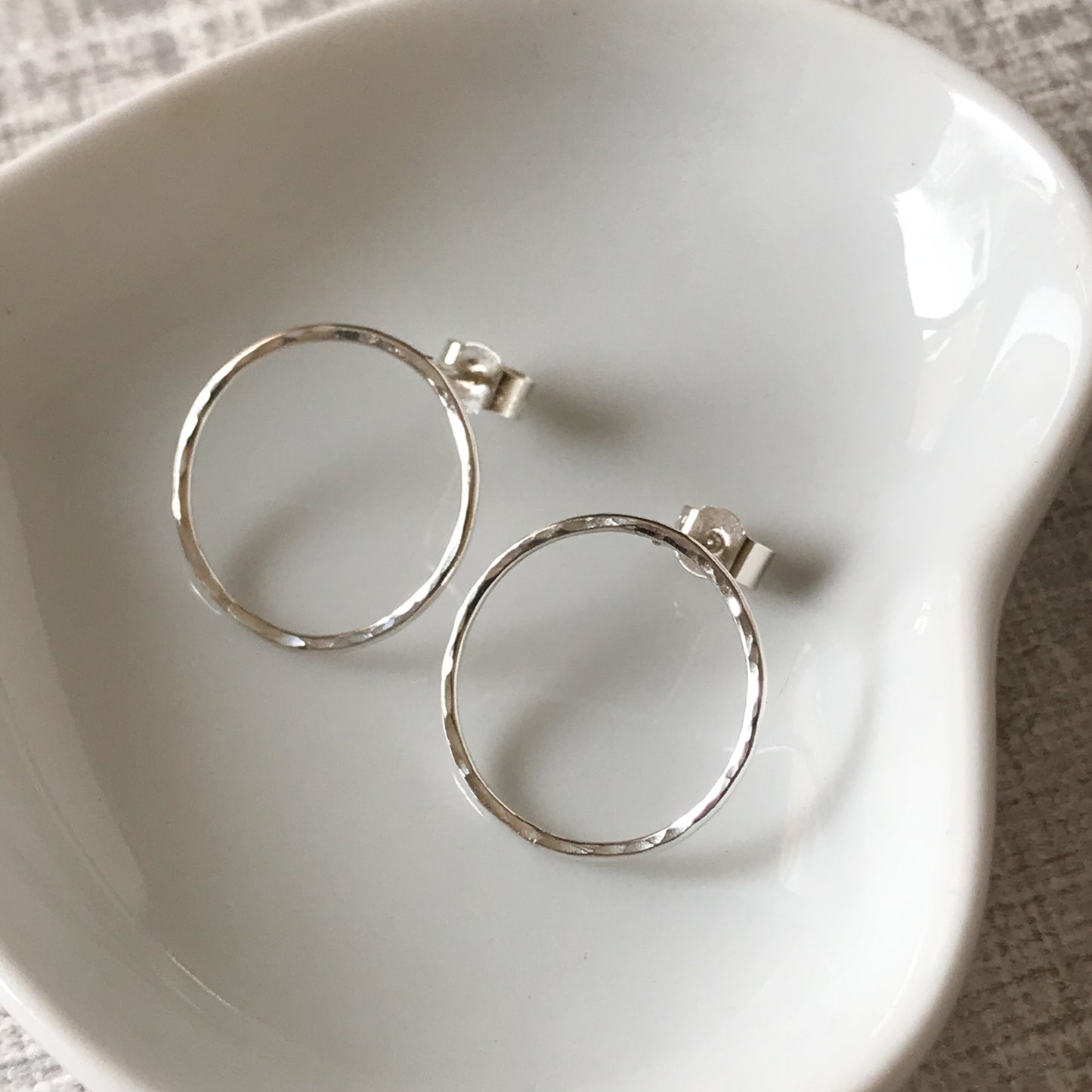 Large Hammered Silver Open Circle Stud Earrings