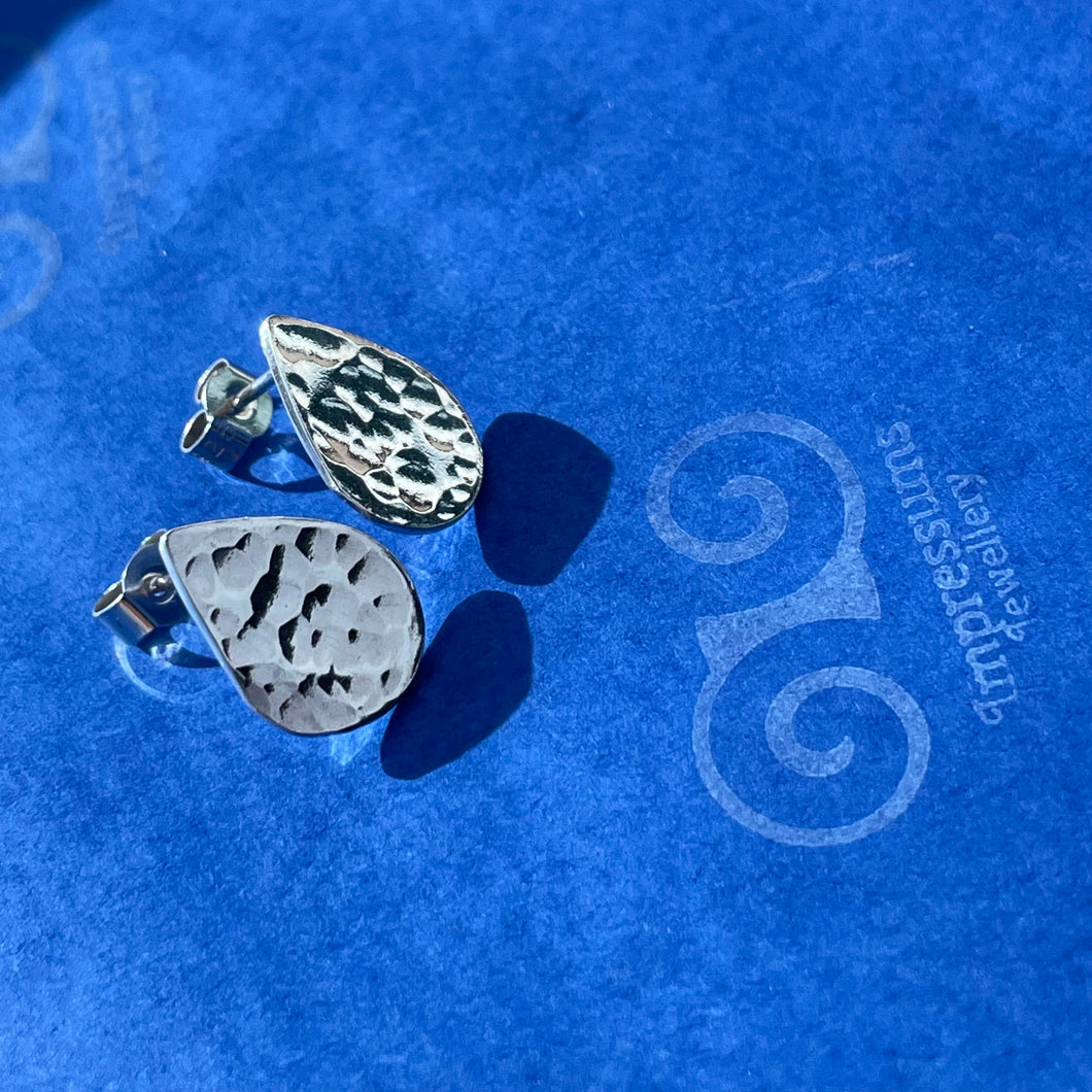 Solid Silver Teardrop Studs with Hammered Texture