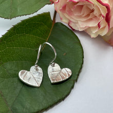 Load image into Gallery viewer, Fine Silver Heart Earrings with Leaf Vein Imprint
