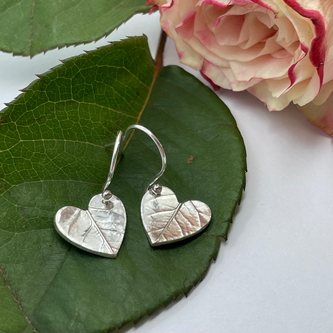 Fine Silver Heart Earrings with Leaf Vein Imprint