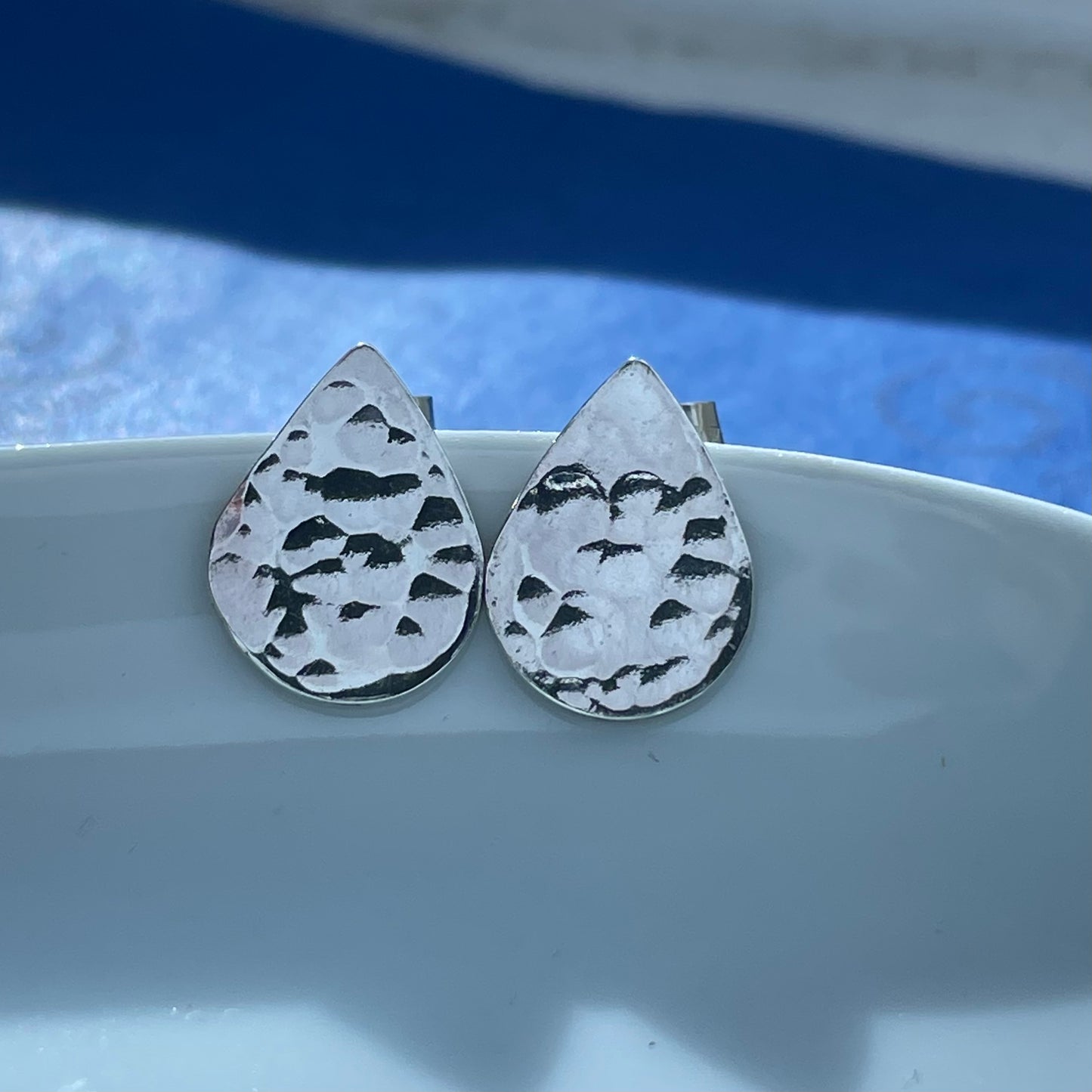 Solid Silver Teardrop Studs with Hammered Texture