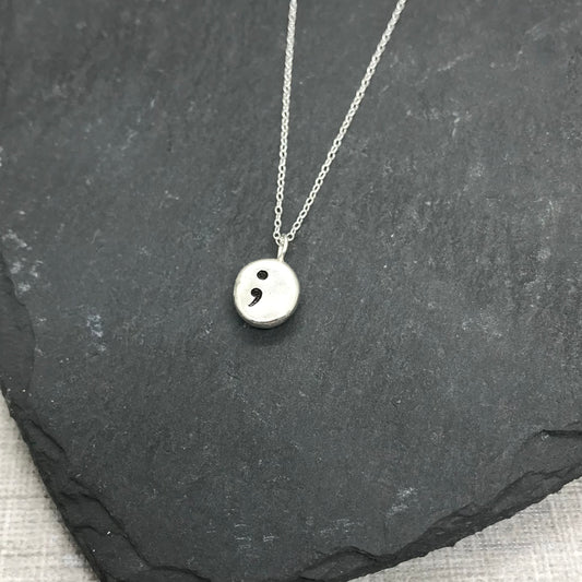 Sterling Silver Semi-Colon Pebble Necklace | Handmade Recycled Silver Pendant